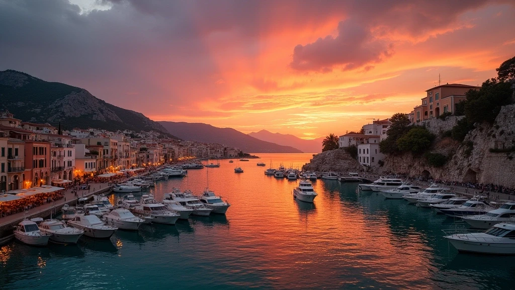 Sonnenuntergang ueber dem Hafen von Hydra mit traditionellen Booten und steinernen Gebaeuden in Griechenland