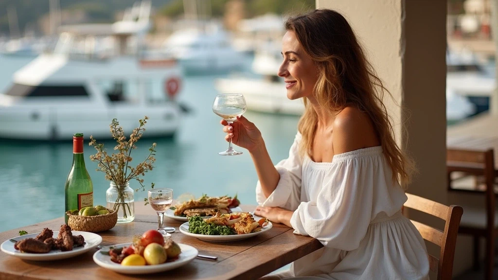 Elegante Frau geniesst griechische Meze in einer Hafentaverne auf Hydra zur goldenen Stunde
