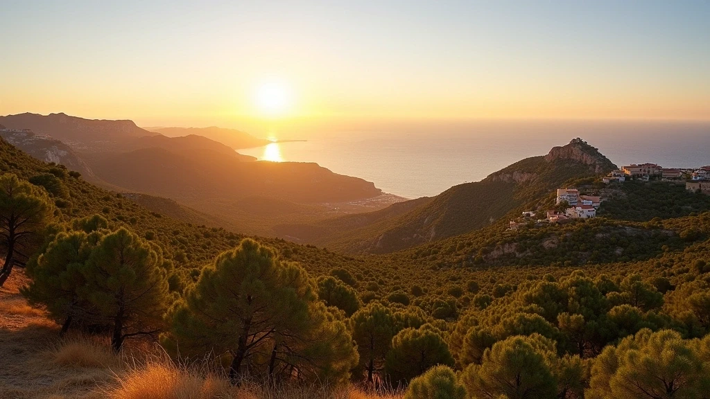 Panoramablick von Sa Talaia über die bewaldeten Hügel und Klippen der Nordküste Ibizas zur goldenen Stunde