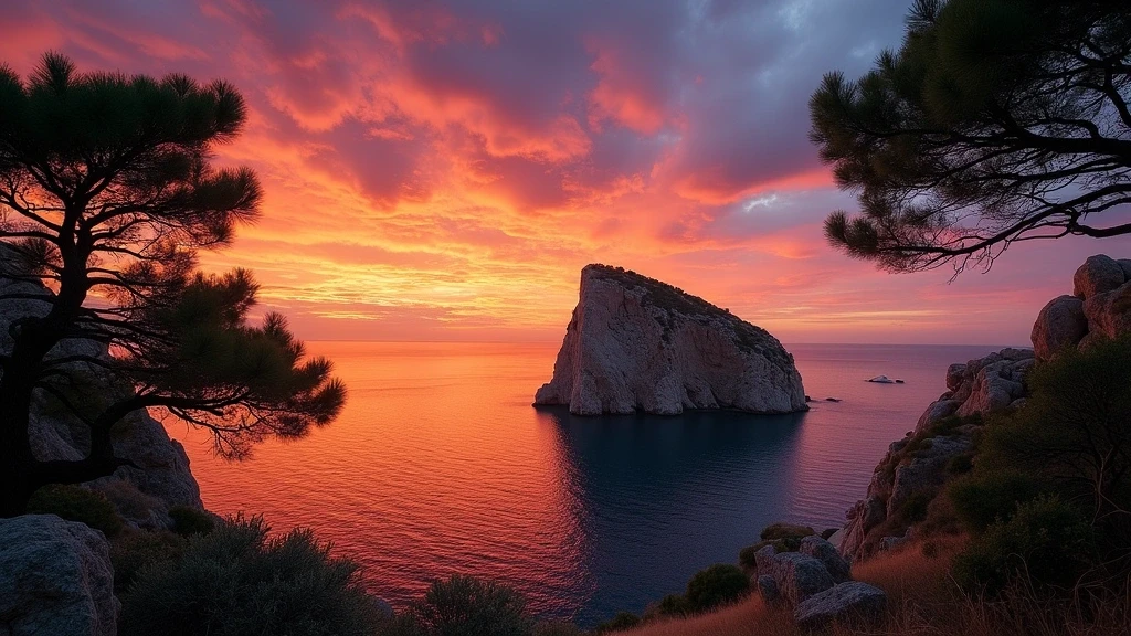 Sonnenuntergang über der Felseninsel Es Vedrà an der Nordküste Ibizas von Cala d'Hort aus gesehen