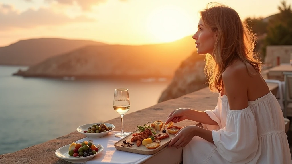 Elegante Frau genießt Sonnenuntergang-Tapas auf einer Klippenterrasse an der Nordküste Ibizas