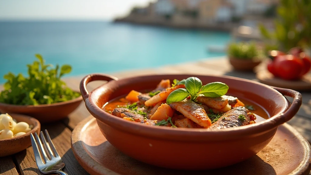 Traditioneller Bullit de Peix Fisch Eintopf in Ibiza auf rustikalem Tisch mit Meerblick
