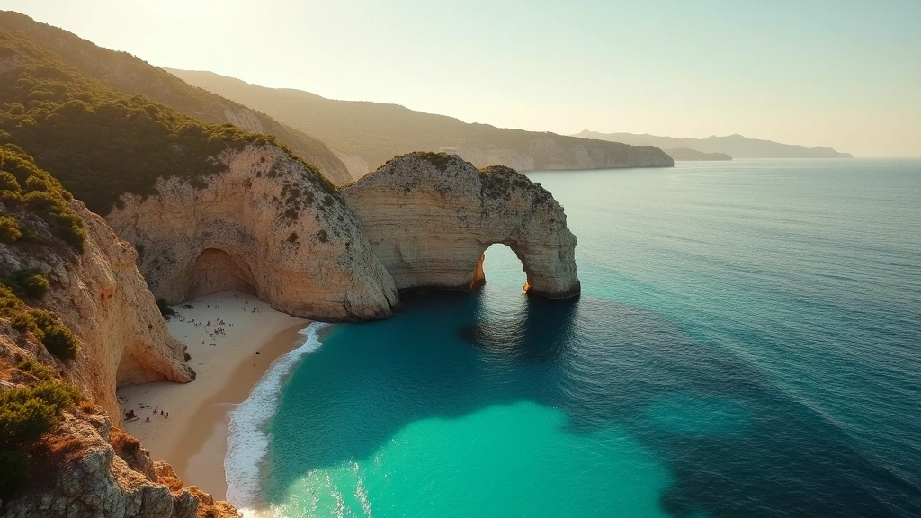 Luftaufnahme von Es Vedrà Felsen in Ibiza zur goldenen Stunde mit türkisfarbenem Meer