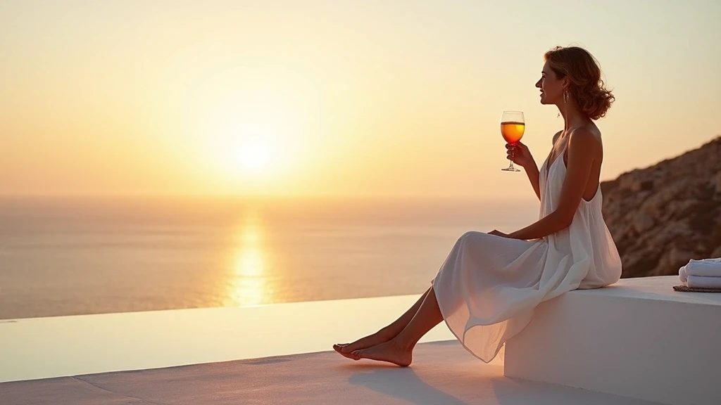 Elegante Frau auf Terrasse in Ibiza bei Sonnenuntergang mit Cocktails und Meerblick