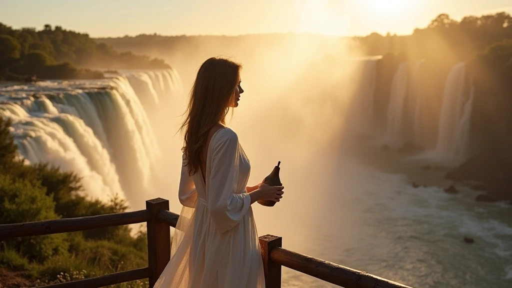 Elegante Frau auf Aussichtsplattform an den Iguazú-Wasserfällen mit Yerba Mate bei goldener Stunde