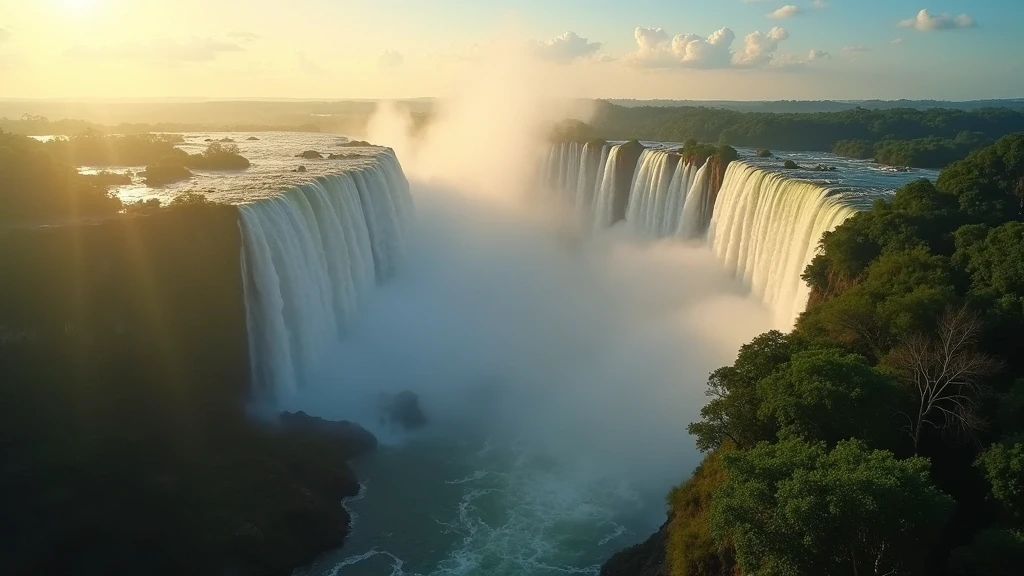 Luftaufnahme des Garganta del Diablo Wasserfalls in Iguazú, Argentinien, zur goldenen Stunde