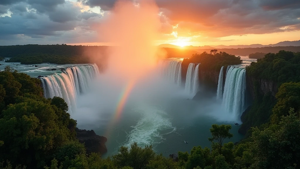 Panoramablick auf die Iguazú-Wasserfälle mit Regenbogen bei Sonnenuntergang in Argentinien