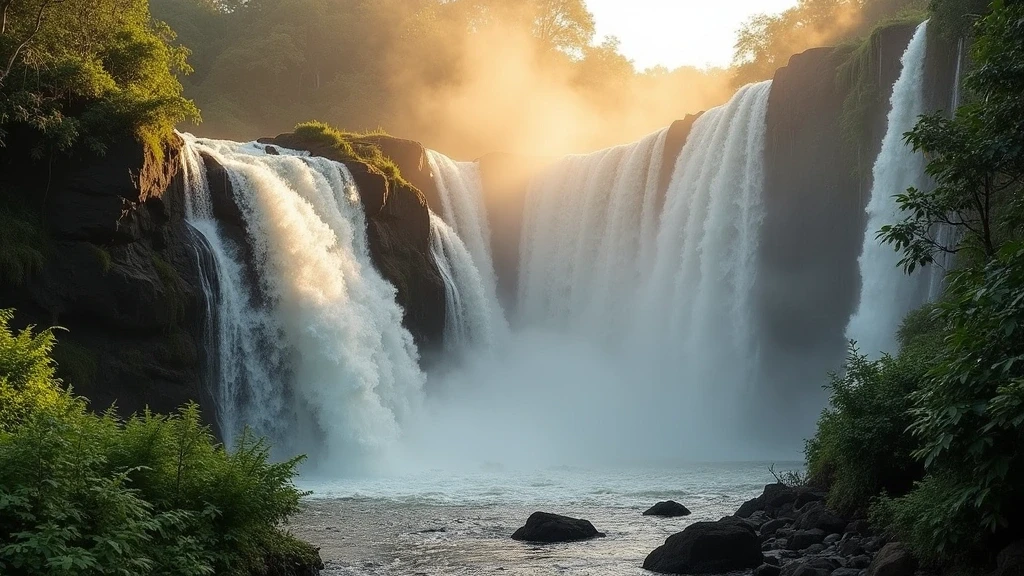 Detailaufnahme eines Wasserfall-Kaskade an den Iguazú-Wasserfällen mit Felsen und Farnen