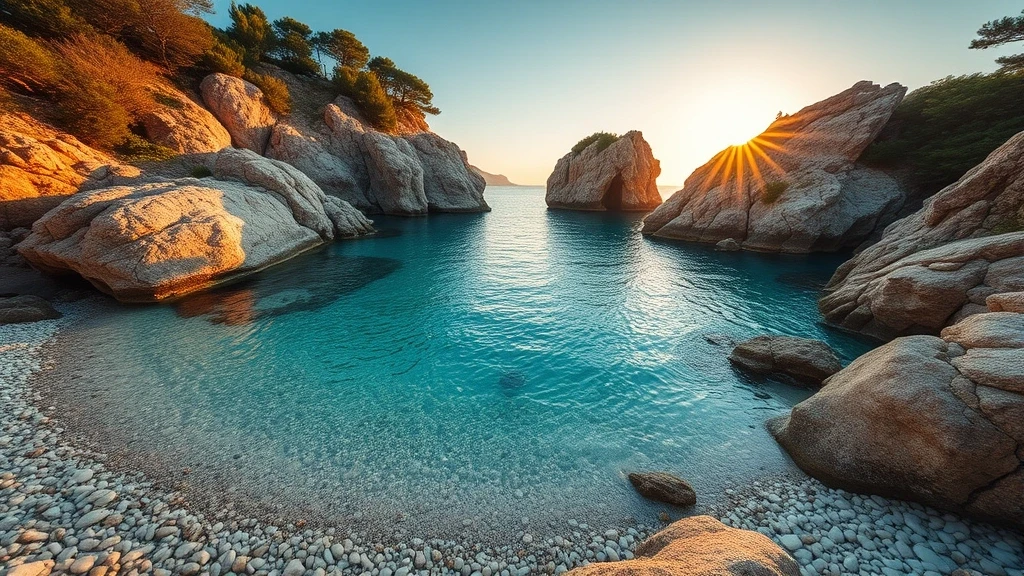 Goldene Stunde an der Cala di Zeri Bucht auf Île Cavallo, Frankreich mit tuerkisfarbenem Wasser