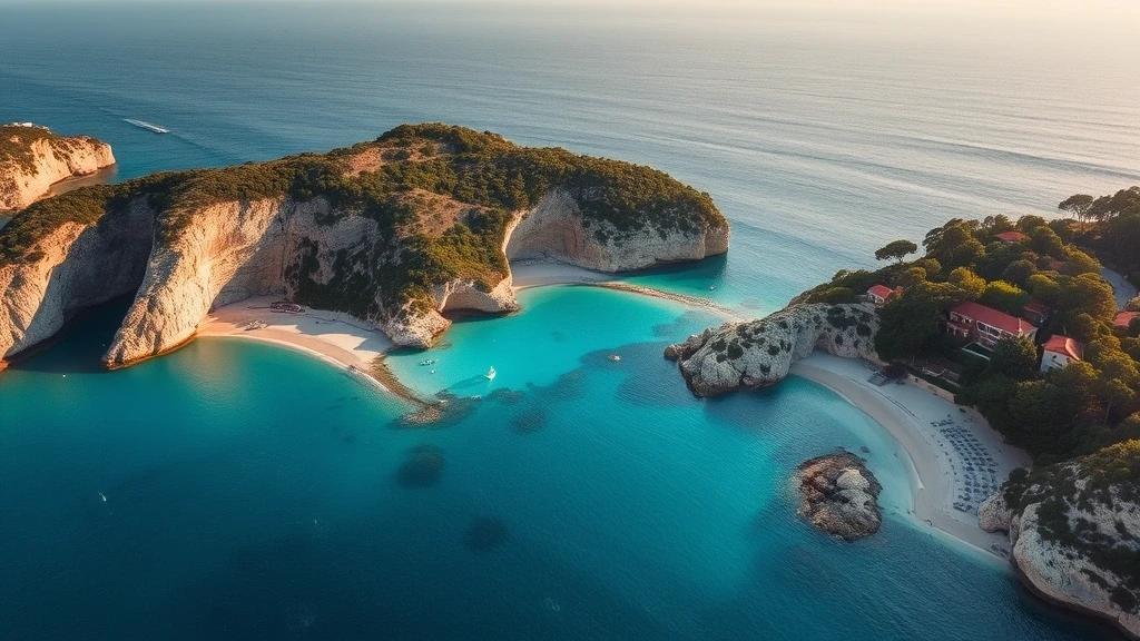 Luftaufnahme von Île Cavallo, Frankreich mit Granitfelsen und tuerkisfarbenem Meer zur goldenen Stunde