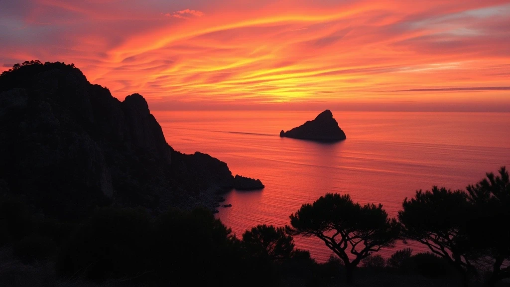Sonnenuntergang ueber Île Cavallo, Frankreich mit dramatischem Himmel und Granitklippen