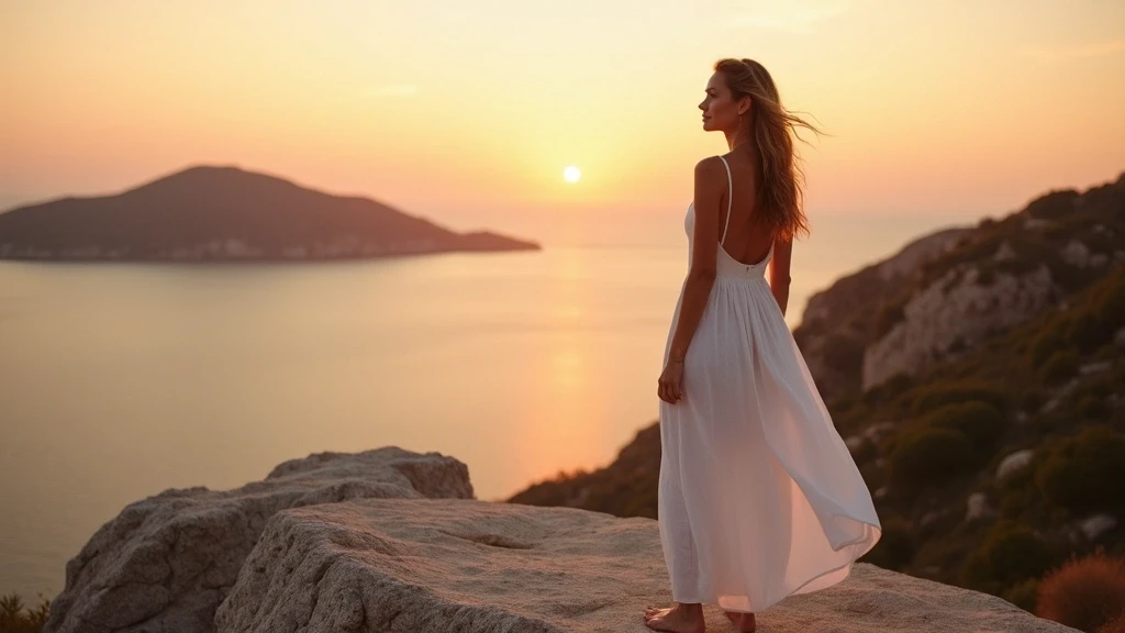 Elegante Frau genießt Sonnenuntergang auf Île de Cavallo in Frankreich