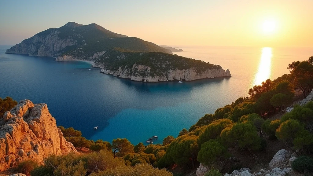 Panoramablick auf Île de Cavallo zur goldenen Stunde mit Felsen und Kiefernwäldern