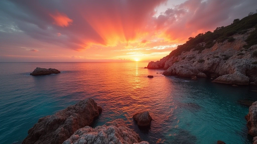 Sonnenuntergang über dem Mittelmeer an der Küste von Île de Cavallo in Frankreich
