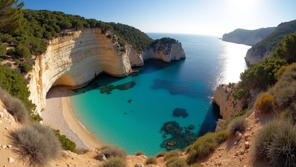 Panoramablick auf die Calanque de l'Oustaou de Diou auf Porquerolles mit Klippen und tuerkisem Wasser