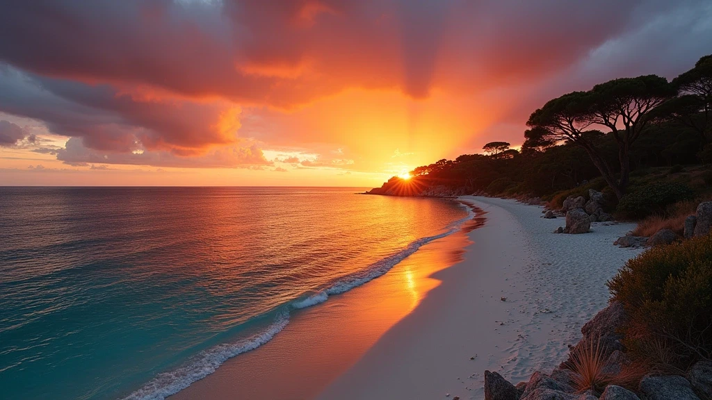 Sonnenuntergang am Plage de Notre Dame auf Porquerolles mit goldenem Licht und Kiefern