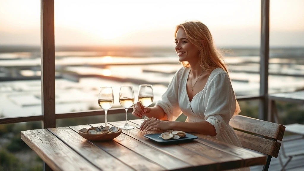 Elegante Frau genießt frische Austern und Wein auf einer Terrasse mit Blick auf die Salzgärten der Île de Ré