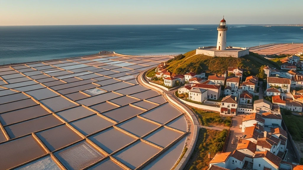 Luftaufnahme der Île de Ré mit Salzgärten, weißen Dörfern und dem Leuchtturm Phare des Baleines zur goldenen Stunde