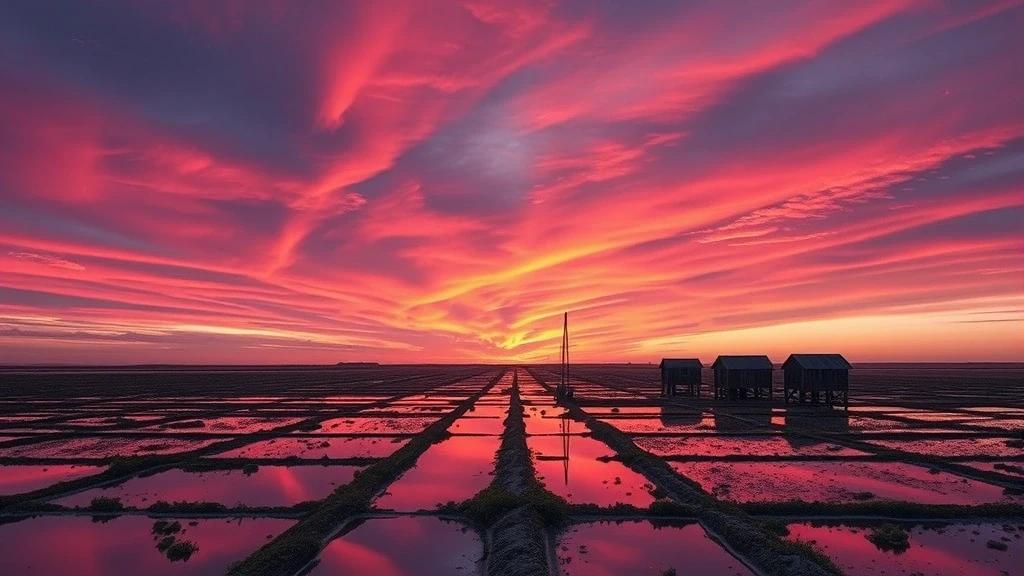 Sonnenuntergang über den Salzgärten der Île de Ré mit spiegelnden Wasserkanälen und traditionellen Hütten