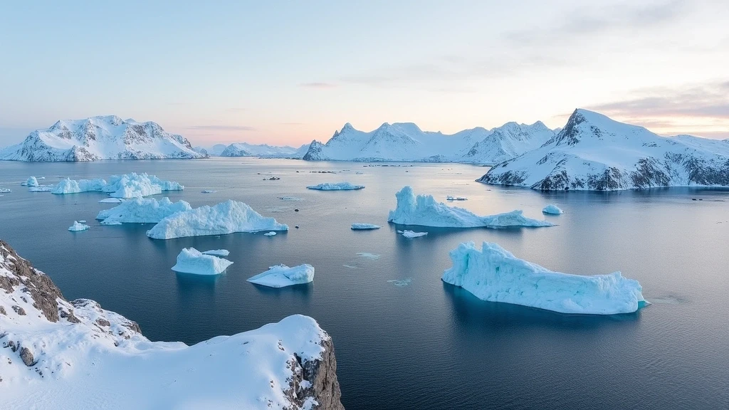 Panoramablick auf die Disko-Bucht mit Eisbergen und Bergen in Ilulissat, Grönland