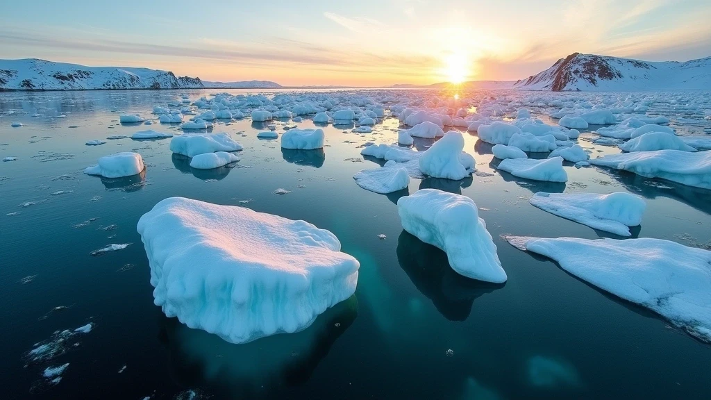 Luftaufnahme des Ilulissat-Eisfjords in Grönland mit riesigen Eisbergen zur goldenen Stunde