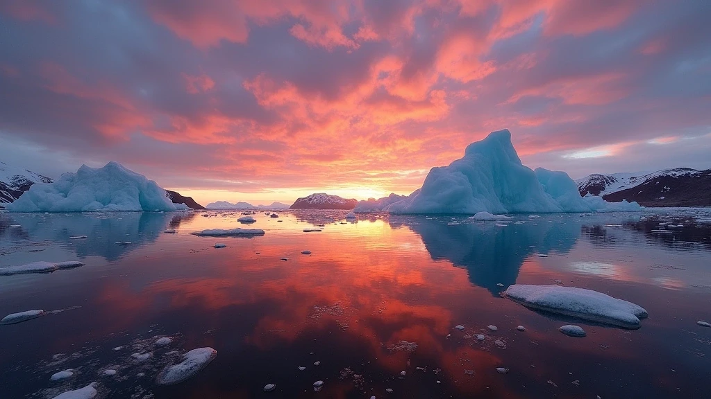 Sonnenuntergang ueber dem Ilulissat-Eisfjord mit spiegelnden Eisbergen in Grönland