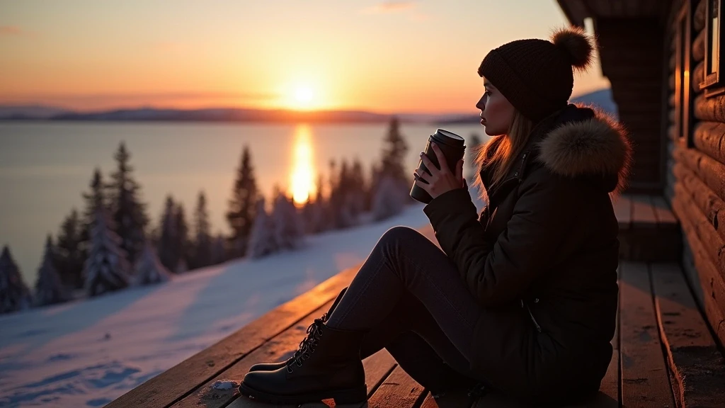 Elegante Frau geniesst Kaffee mit Blick auf die Mitternachtssonne in Ilulissat, Grönland