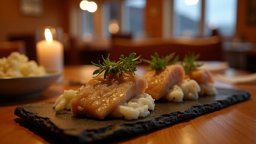 Traditionelle groenlaendische Kueche mit Arktischem Saibling und Robbenfleisch in Ilulissat