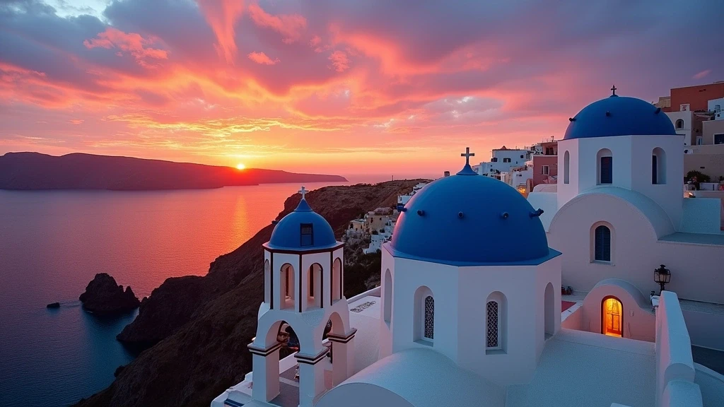 Sonnenuntergang über der Caldera von Imerovigli mit weißen Kirchen im Silhouette