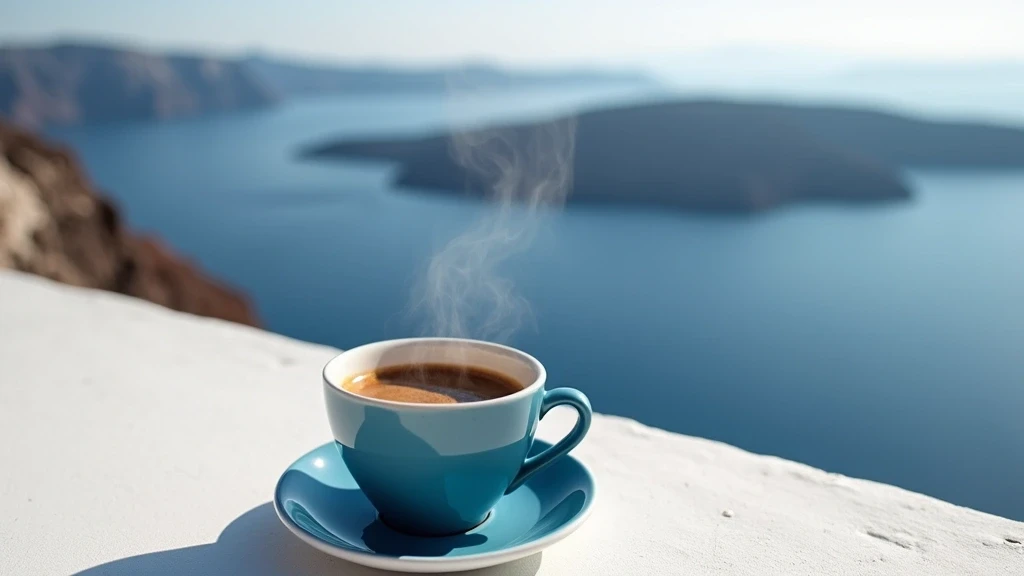 Traditioneller griechischer Kaffee in blauer Tasse mit Caldera-Blick in Imerovigli