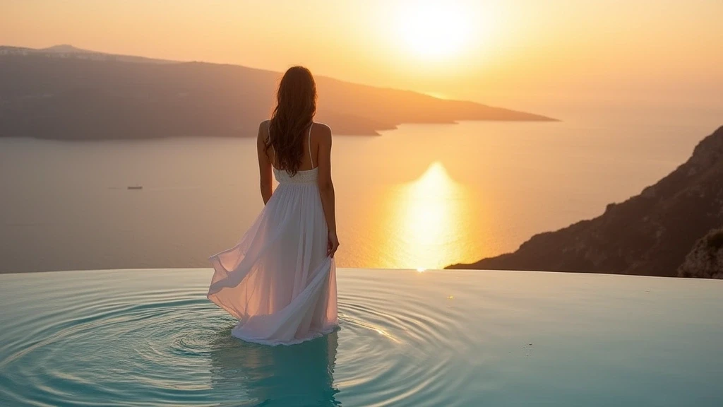 Elegante Frau im weißen Kleid am Infinity-Pool mit Caldera-Blick in Imerovigli