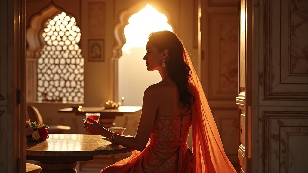 Elegante Frau in Seidensari geniesst Chai im Heritage-Hotel in Jaipur, Indien