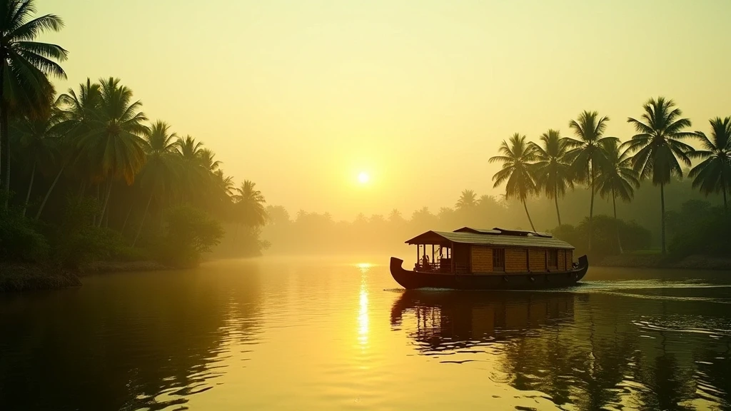 Goldene Stunde an den Backwaters von Kerala, Indien mit Hausbooten und Palmen