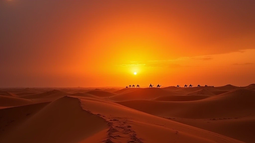 Sonnenuntergang ueber den Thar-Wuestenduenen in Rajasthan, Indien mit Kamelsilhouetten