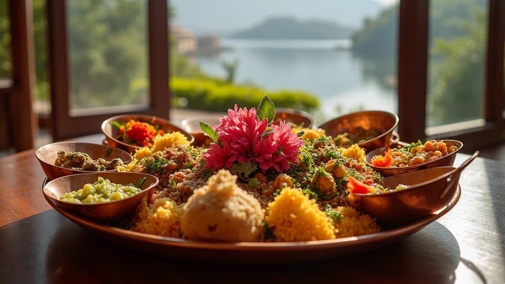 Artisanale Thali-Praesentation im Luxusrestaurant in Udaipur, Indien mit Seeblick