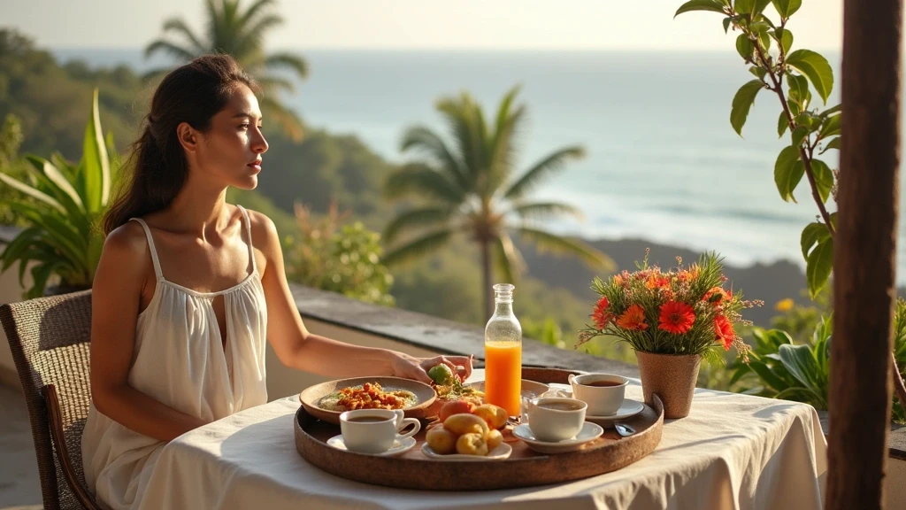 Elegante Frau geniesst balinesisches Fruehstueck mit Meerblick in Indonesien