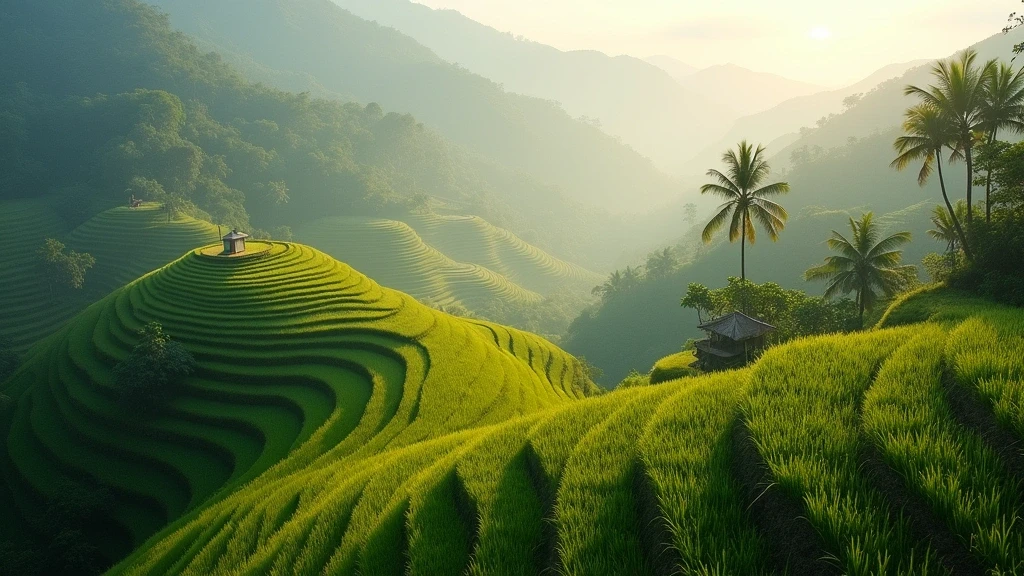 Luftaufnahme der smaragdgruenen Reisterrassen in den Bergen von Indonesien