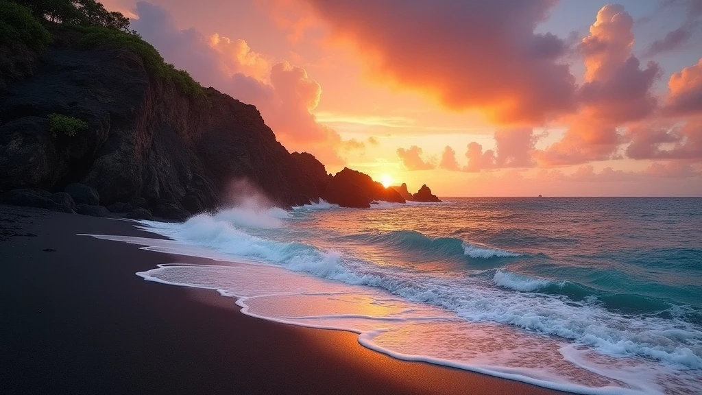 Panoramablick auf einen schwarzen Sandstrand mit Vulkanfelsen bei Sonnenuntergang in Indonesien