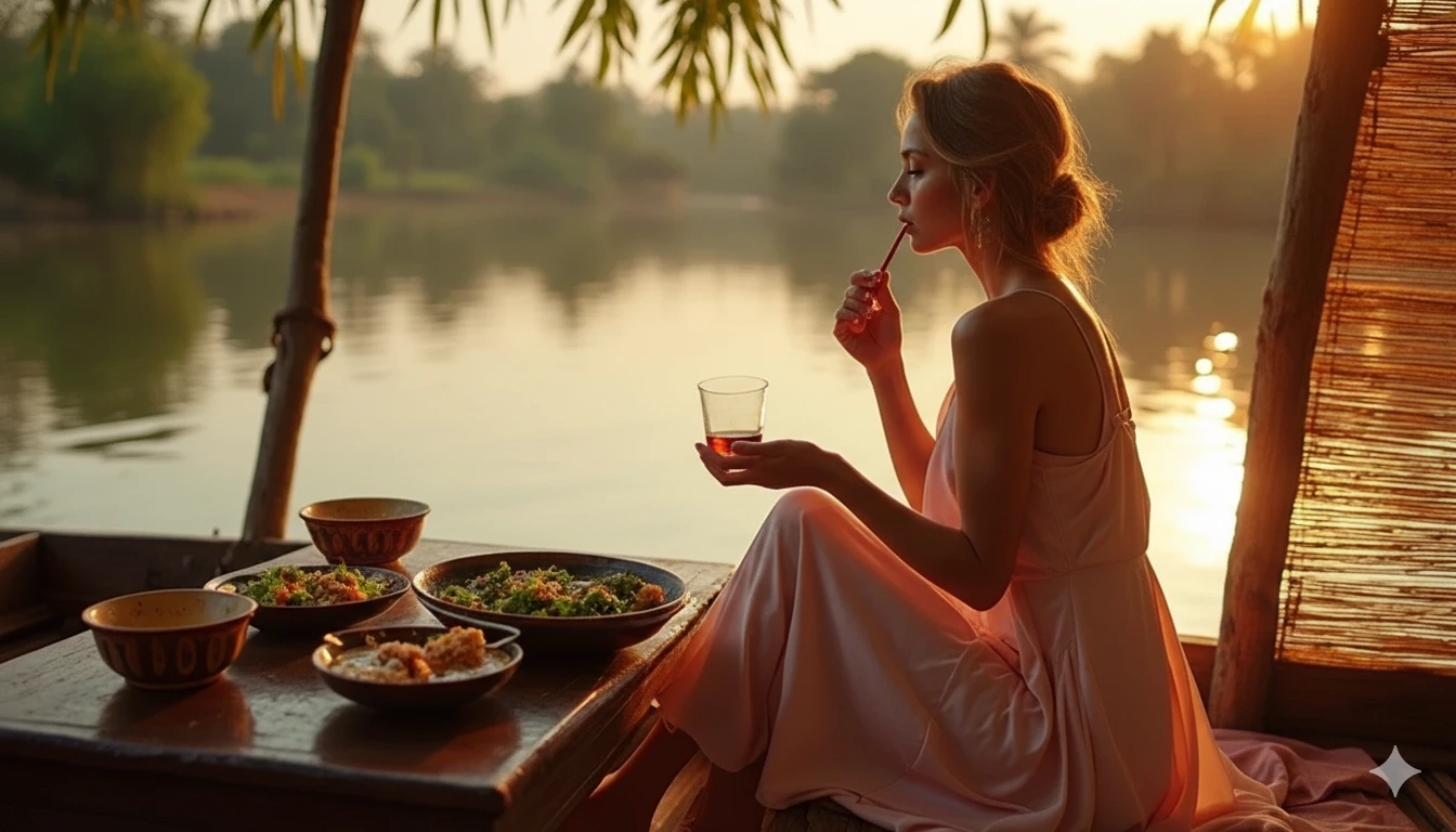 Elegante Frau geniesst traditionelle Shan-Kueche auf einem schwimmenden Restaurant am Inle-See