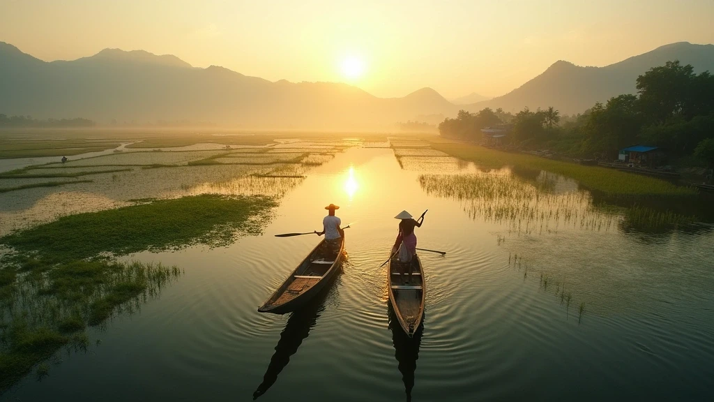Luftaufnahme der einzigartigen Pfahlbauten und schwimmenden Gaerten am Inle-See in Myanmar zur goldenen Stunde