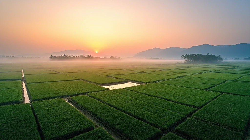 Panoramablick auf die schwimmenden Tomatengaerten am Inle-See bei Sonnenaufgang