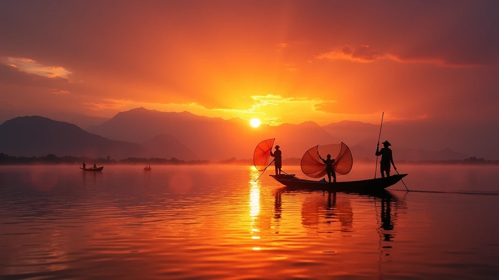 Dramatischer Sonnenuntergang am Inle-See mit traditionellen Fischern im Silhouette