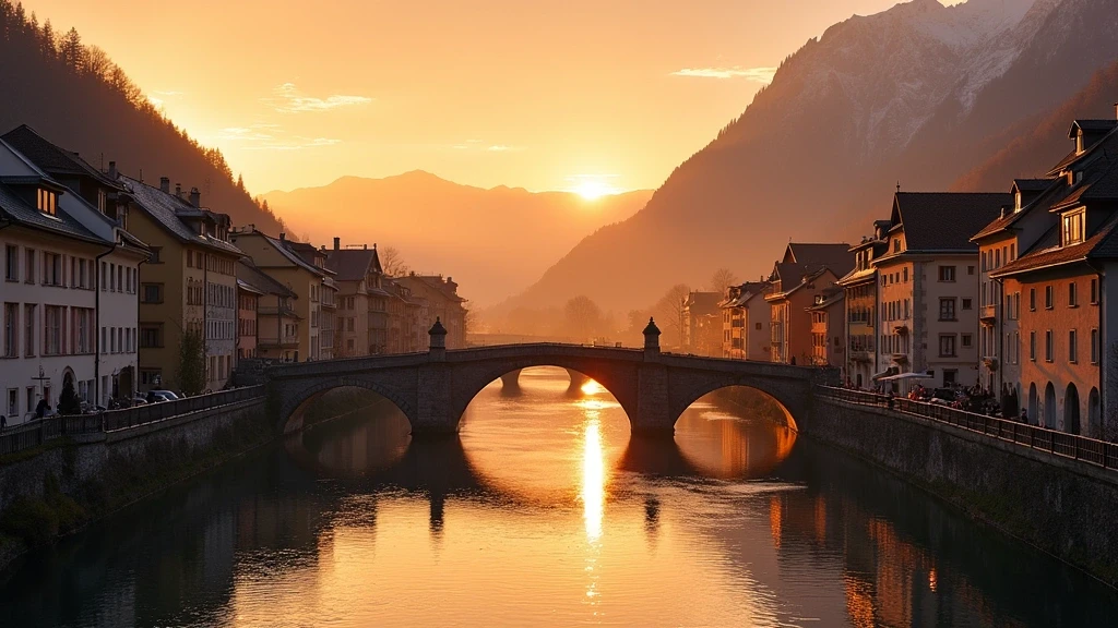 Goldene Stunde am Inn Fluss in Innsbruck mit Brücken und Bergen in Österreich