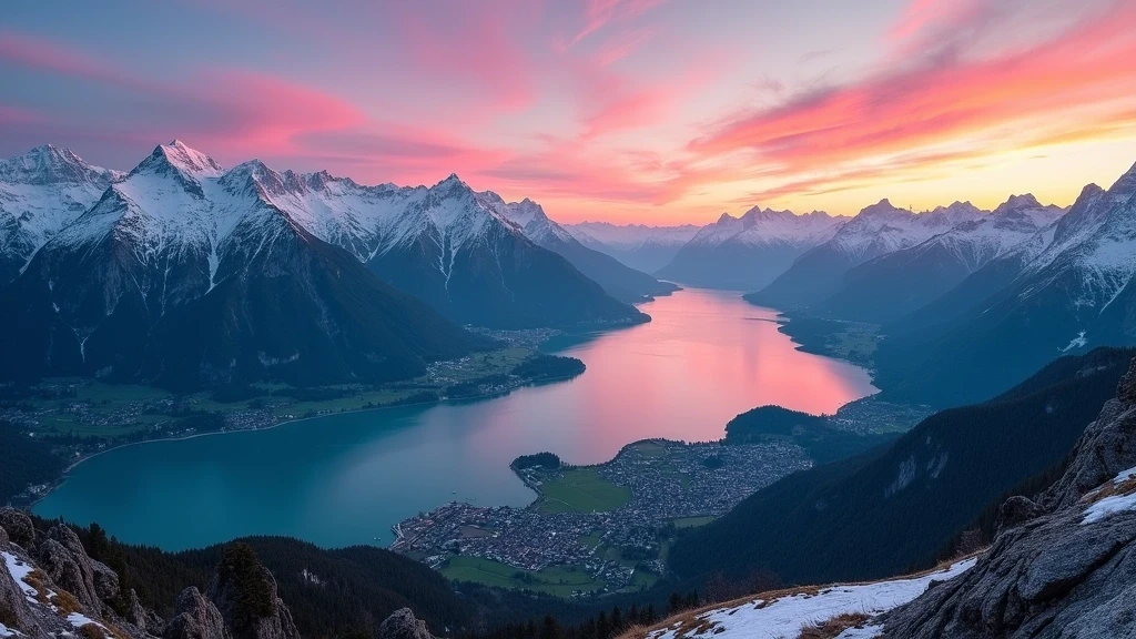 Panoramablick vom Harder Kulm auf Interlaken und die Seen bei Sonnenuntergang in der Schweiz