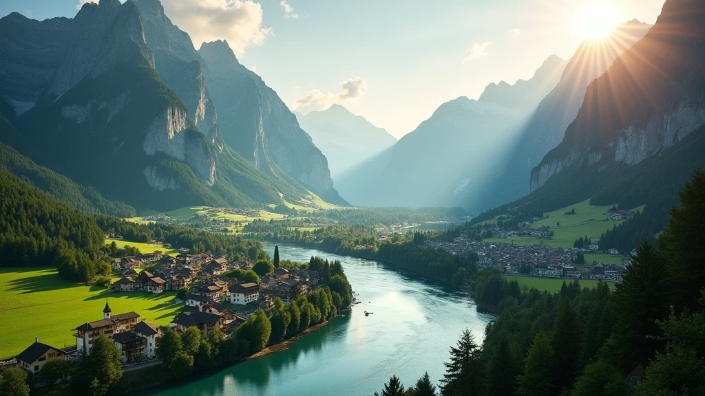 Luftaufnahme von Interlaken mit Jungfrau, Mönch und Eiger zur goldenen Stunde in der Schweiz