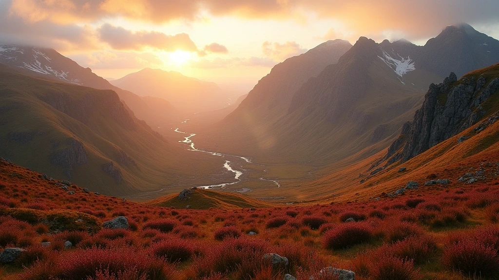 Goldene Stunde in den Cairngorms bei Inverness mit heidebedeckten Hängen und felsigen Gipfeln