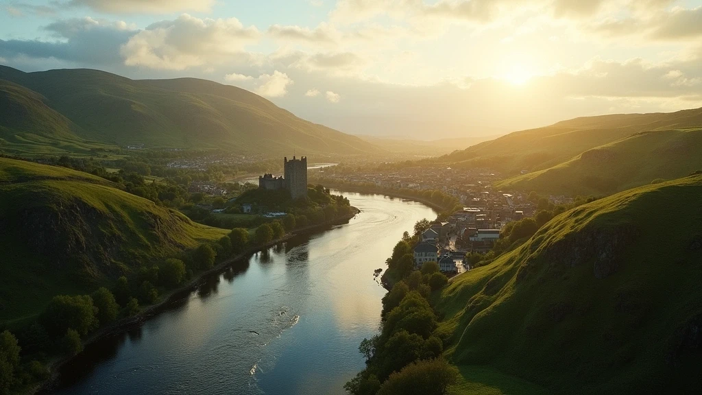 Luftaufnahme von Inverness mit dem Fluss Ness und der Burg zur goldenen Stunde in den schottischen Highlands