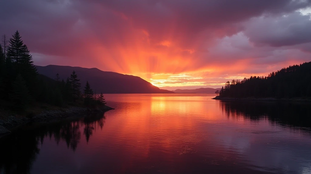 Sonnenuntergang ueber Loch Ness in Inverness mit dramatischem Himmel und mysteriösem Wasser