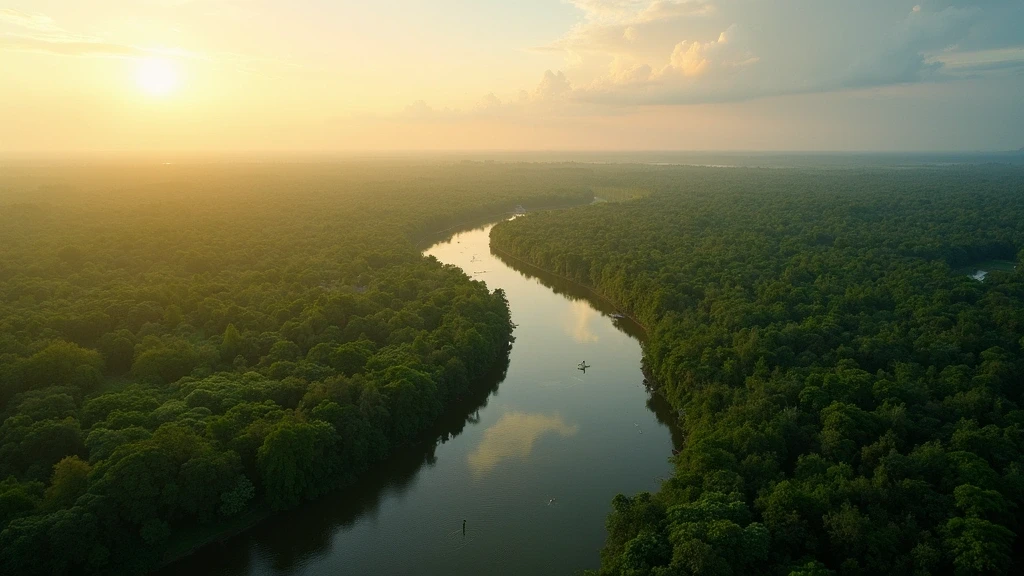 Luftaufnahme des Amazonas-Flusses bei Iquitos zur goldenen Stunde, Peru