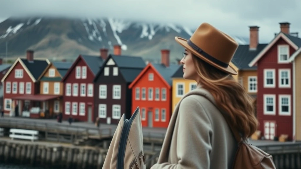 Stylish Reisende erkundet die historische Altstadt von Ísafjörður mit traditioneller Holzbauweise